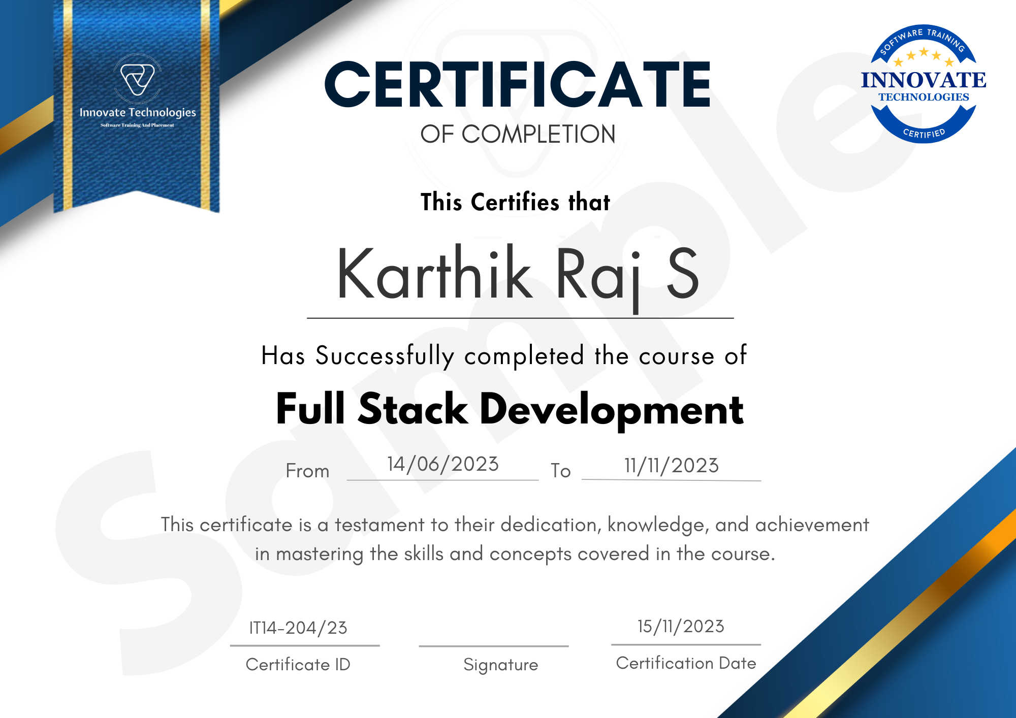 Full stack web development course certificate